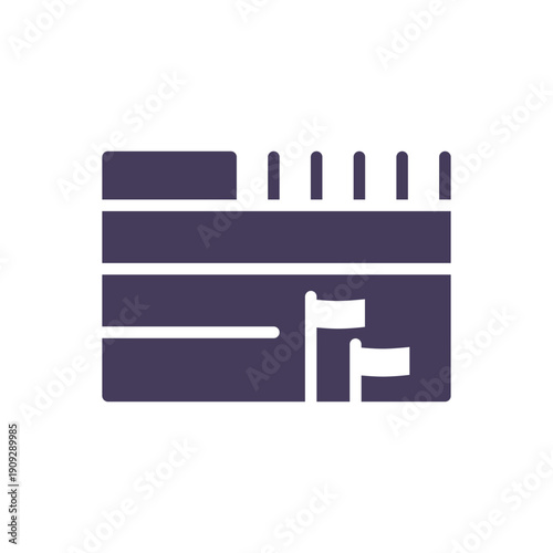 Solid European parliament building icon with waving flags represents EU commission headquarters and government institution symbol of European governance and elections
