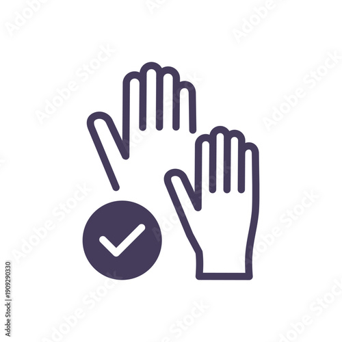 Solid raised hands with check mark icon represents EU voters participation approval and democratic voting gesture
