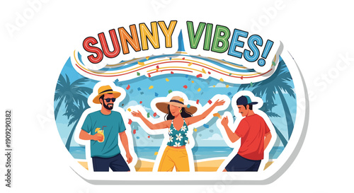 Vector illustration of happy friends dancing on beach, sunny vacation sticker or overlay effect for banner, poster, social media