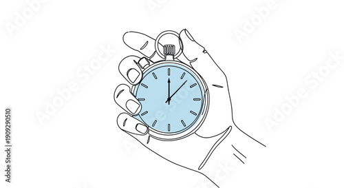 Hand Holding Classic Stopwatch, Blue Dial - Line Drawing