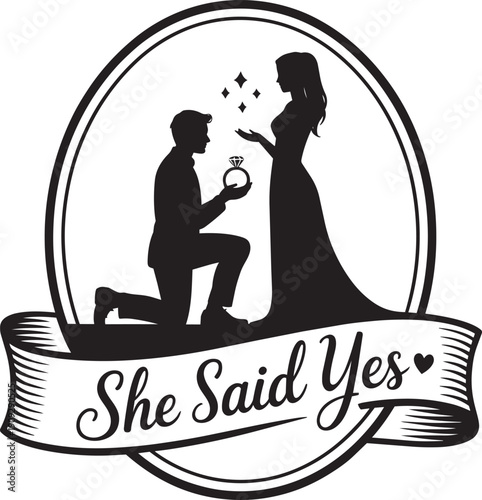 Proposal silhouette man on knee holding ring, woman accepting, she said yes text