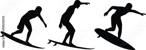 Surfing action silhouettes set, surfers riding ocean waves in dynamic poses isolated on white background, summer sport concept, flat vector illustration