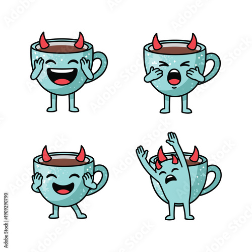 Cartoon coffee cups with devil horns expressing different emotions with copy space