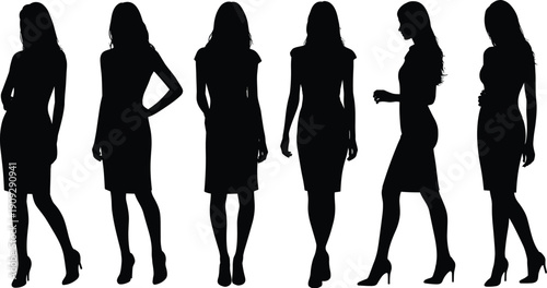 Stylish women silhouettes set, fashionable female figures standing in elegant poses isolated on white background, flat vector illustration