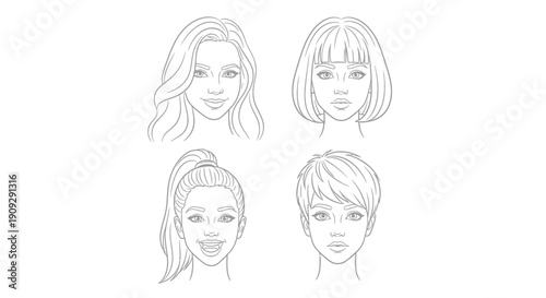 Diverse Female Hairstyles and Faces: Line Art Collection