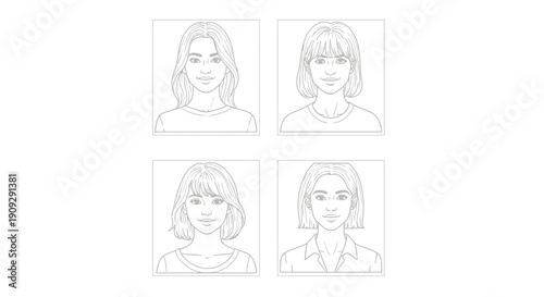 Diverse Female Hairstyles Collection: Line Art Portraits for Beauty and Fashion