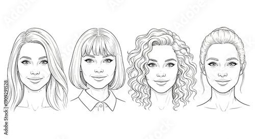 Diverse Female Hairstyles: Line Art Portraits of Women with Different Hair Types