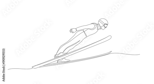 Continuous line drawing of a ski jumper in mid-air, dynamic and minimalist
