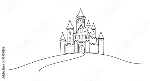 Whimsical line art illustration of a fairytale castle on a hill