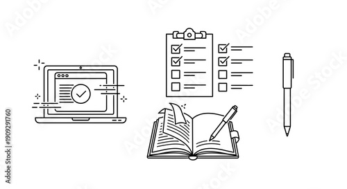 Digital checklist on laptop, open book with pen, and clipboard with tasks, symbolizing productivity and organization.