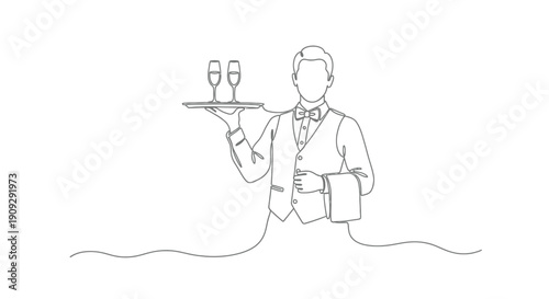 Waiter Serving Champagne Glasses Line Art