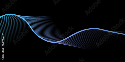 abstract wavy lines background. Vector wave lines smooth flowing dynamic blue green gradient light isolated on black background.