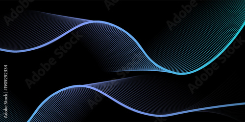 abstract wavy lines background. Vector wave lines smooth flowing dynamic blue green gradient light isolated on black background.
