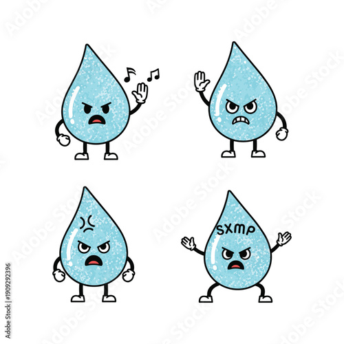 Angry water drops with different emotions and expressions in a cartoon style