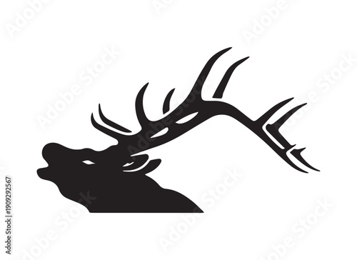 Bugling elk silhouette with large antlers, minimalist roaring stag head profile, black and white wild elk bull vector illustration for hunting logo