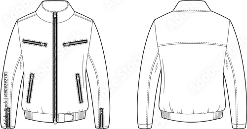Men’s zippered jacket technical fashion flat sketch, front and back view outline illustration for apparel design, tailoring details, garment construction drawing