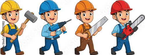 Cartoon construction workers set with tools hammer drill handsaw chainsaw colorful helmets isolated illustration for building repair teamwork concept industry