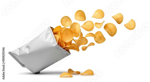 Potato Chips and pack. Packaging of Chip on white background. Chips flying out from bag isolated on white background.
