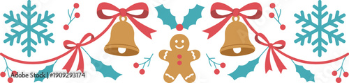 Christmas holiday decorative border with bells, gingerbread man, snowflakes, holly leaves and red ribbons, festive winter celebration illustration design
