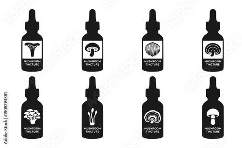 Mushroom Tincture Dropper Bottle Set - Black Herbal Extract and Liquid Supplement Silhouettes Isolated on White