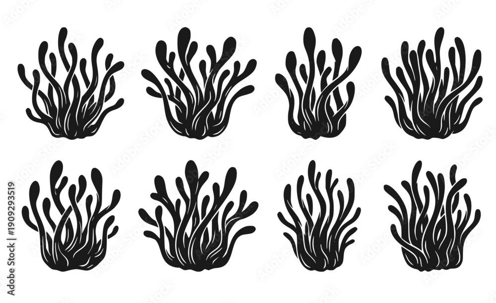 Fototapeta premium Cordyceps Mushroom Silhouette Set - Black Fungus Stalk and Energy Supplement Graphic Illustrations Isolated on White