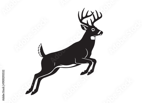 Jumping whitetail deer buck silhouette, black and white wild stag vector illustration