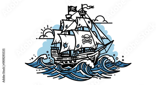 Foto Vintage Pirate Ship Sailing on Wavy Ocean with Jolly Roger Flag