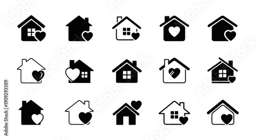 House and Heart Icons: Love, Home, Family, Real Estate, Shelter, Care Icons