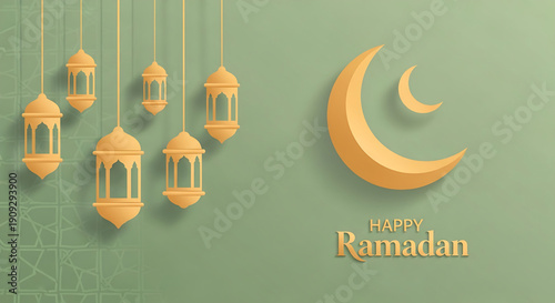 Celebrating Ramadan with hanging lanterns and a crescent moon in a serene environment