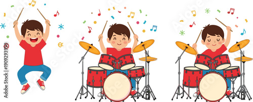 Happy boy playing drums illustration showing child musician enjoying music, rhythm practice, and fun performance in cute colorful cartoon style