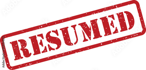 Red rubber stamp mark with the word RESUMED imprinted on a clean white surface