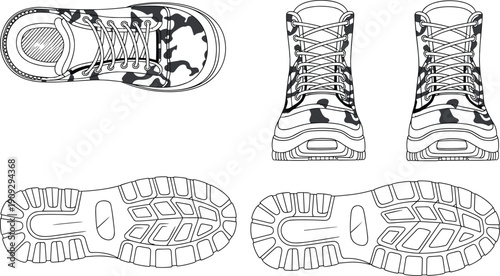 Hiking boots technical fashion flat sketch with camouflage pattern, multiple views including top, front and sole, footwear design outline illustration