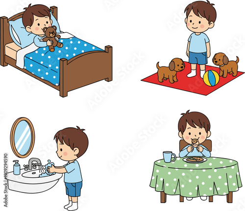 Cute little boy daily routine with pet dogs sleeping playing washing hands eating breakfast flat cartoon vector illustration