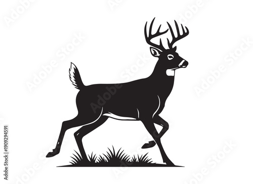 Running whitetail deer buck silhouette, black and white wild stag vector illustration