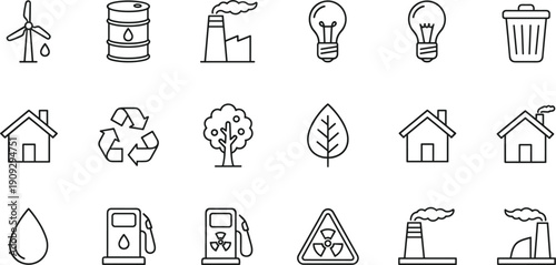 Minimal line energy and environment icons set with wind turbine oil barrel factory recycling house fuel vector illustration
