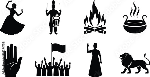 Cultural silhouettes illustration, traditional dancer, drummer with sticks, campfire with pot, raised hand gesture, waving flag, lion symbol, heritage icons