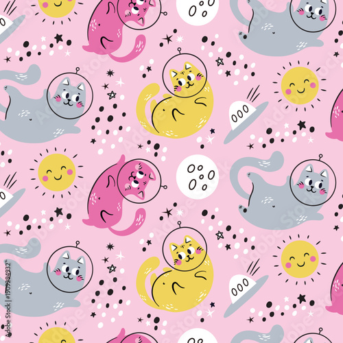 Cute cats in space seamless pattern with planets, stars and smiling kittens in astronaut helmets, playful kids illustration for fabric, wallpaper and children design