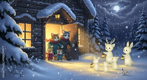A Festive Winter Night Scene Cats and Rabbits Enjoying a Magical Celebration in a Snowy Landscape