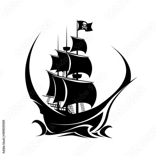Black Pirate Ship Silhouette with Jolly Roger Flag on Water