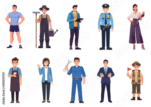 A diverse group of ten cartoon people representing various professions and lifestyles, standing on a white background.