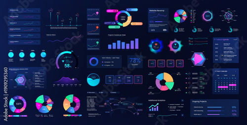Gradient UI, UX Graphic Box. Data Analytics with Charts and Widgets. Dashboard template with neon interface. Graph, charts, KPI cards, infographics for UI, UX, Mobile App, Web. Vector graphic set
