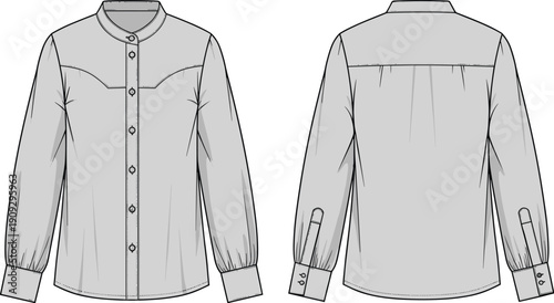 Western Style Shirt Technical Drawing: Detailed Fashion Illustration for Designers, Showcasing Band Collar, Front Yoke, Buttons, Blouson Sleeves, and Sleeve Cuff