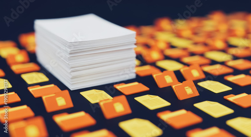 Digital Data and Paperwork Contrast: Stack of White Paper Sheets on Dark Background Surrounded by 3D Orange and Yellow File Folder and Document Icons. Modern Information Management and Storage.