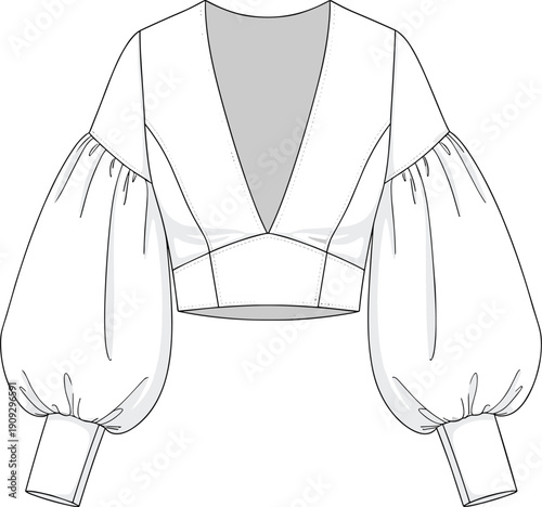 Fashion Illustration: Cropped Blouse with Plunging Neckline and Voluminous Balloon Sleeves for Modern Apparel Design and Style Inspiration