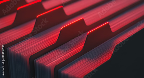 Critical Data Storage: Close-up of Red-Lit Index File Folders and Paper Documents in Dark Archive Rack, Representing Confidential Information, Security Threats, or Important Records Management