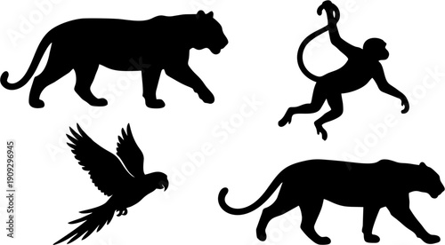 Tropical jungle animal silhouettes set featuring tiger monkey parrot and panther flat black vector graphics on white background