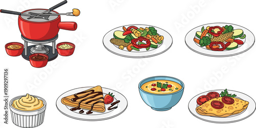 Delicious food collection with fondue, vegetable plates, soup, omelet and dessert illustration set isolated