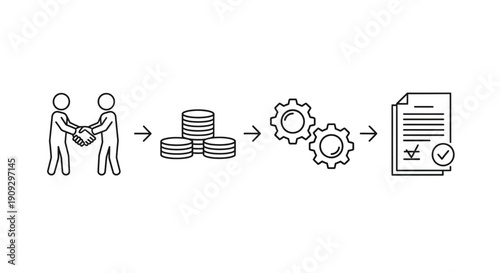 Business Agreement Process: Handshake, Money, Gears, and Signed Contract