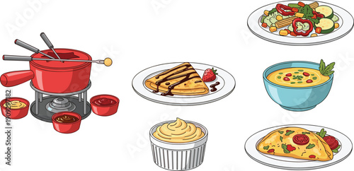 Food illustration set, fondue pot, pancakes, soup, salad, omelet dishes, delicious meal collection, colorful vector art