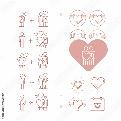 A set of minimalist vector icons depicting love and relationships in a flat design style
